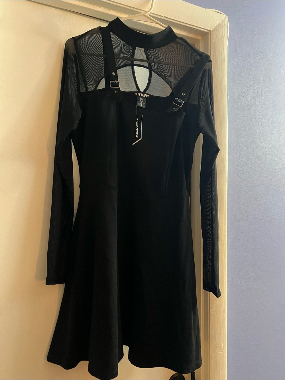 Hot Topic Black Mesh Yoke Long Sleeve Fit-and-Flare Dress with Strap Details